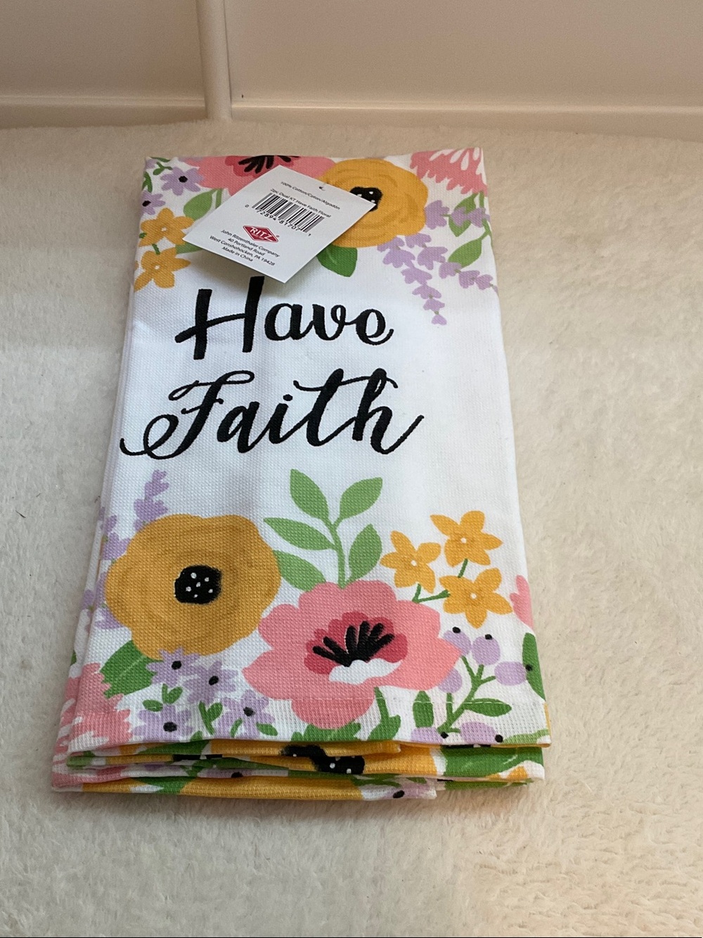 Have Faith Floral Hand Towel - White with Pink & Yellow Flowers